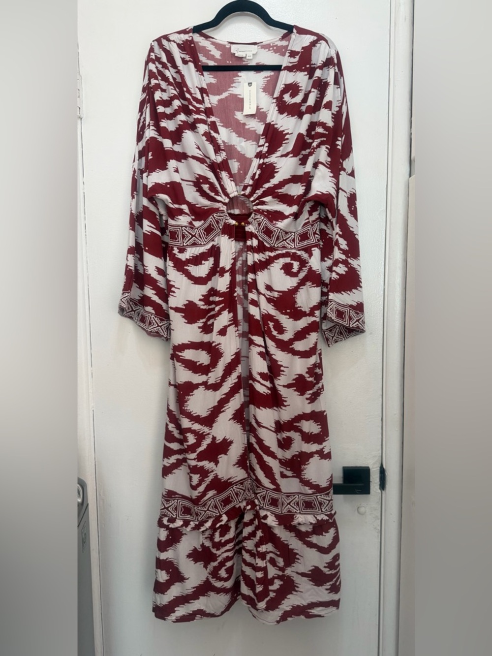 Kimono Anthropologie Burgundy and Cream Abstract Print Maxi Dress